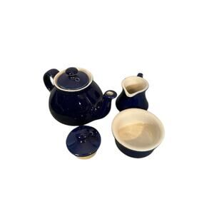 Hall Marine Blue Hot Water Teapot Creamer Sugar Bowl Tea Set Vintage